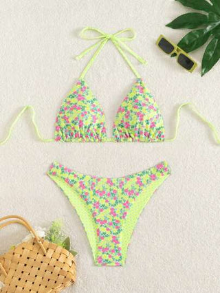 Swim Mod مجموعة بكيني بنات ربيعية جميلة وجذابة بطبعة زهور مزدوجة الوجه, شورت سباحة مربوط على الجانب, مجموعة بقطعتين قابلة للتعديل لإطلالة عطلة شاطئية، بأسلوب بوهيمي لمهرجانات