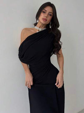 Firerie فستان محبوك ذو خصر منكمش وأكمام قصيرة أنيق وعصري مع كتف غير متماثل، لون أسود، متعدد الاستخدامات للحفلات والارتداء اليومي