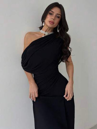 Firerie فستان محبوك ذو خصر منكمش وأكمام قصيرة أنيق وعصري مع كتف غير متماثل، لون أسود، متعدد الاستخدامات للحفلات والارتداء اليومي