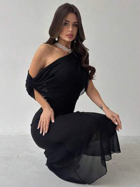 Firerie فستان محبوك ذو خصر منكمش وأكمام قصيرة أنيق وعصري مع كتف غير متماثل، لون أسود، متعدد الاستخدامات للحفلات والارتداء اليومي