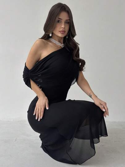 Firerie فستان محبوك ذو خصر منكمش وأكمام قصيرة أنيق وعصري مع كتف غير متماثل، لون أسود، متعدد الاستخدامات للحفلات والارتداء اليومي