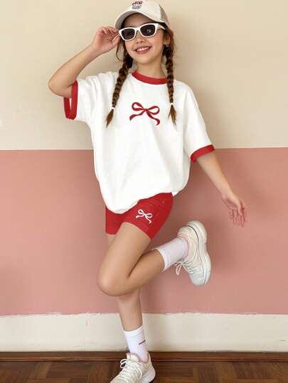 girls-sets طقم من قميص نصف كم قصير وشورت، بتصميم بسيط عصري مناسب للفتيات المراهقات، للارتداء في الصيف