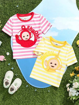 تيشيرتات بناتي Teletubbies X  طقم 2 قطعة من التي شيرت المخطط القصير الأكمام بطباعة كرتونية للبنات الصغيرات، بلونين أحمر وأصفر ، طقم كاجوال