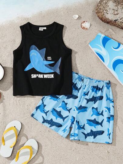مايوه أولادي Shark Week X  طقم قصير كارتوني للأولاد مكون من ملابس علوية أكمام عليه طباعة سمكة قرش أسود وشورت أزرق بحري قطعتين