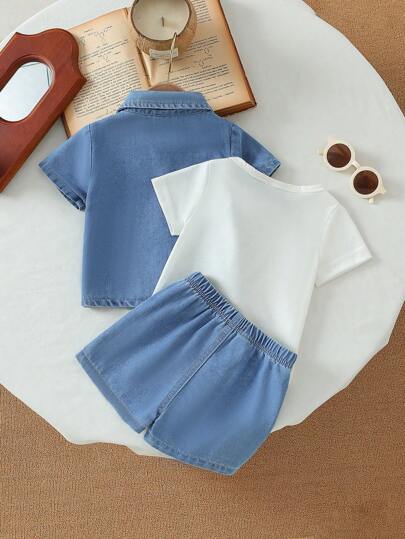 SHEIN Playful Pals ملابس أطفال صبيان مكونة من ملابس علوية كارديجان قصير الأكمام بياقة متدلية وبنطال قصير من الدنيم الأزرق، أسلوب كاجوال وفضفاض، مناسب للخروجات والراحة في المنزل والرياضة اليومية وحفلات الأعياد