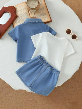 SHEIN Playful Pals ملابس أطفال صبيان مكونة من ملابس علوية كارديجان قصير الأكمام بياقة متدلية وبنطال قصير من الدنيم الأزرق، أسلوب كاجوال وفضفاض، مناسب للخروجات والراحة في المنزل والرياضة اليومية وحفلات الأعياد