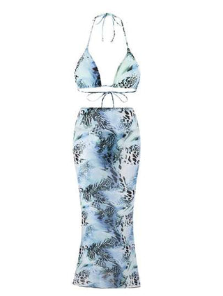 Swim SXY مجموعة ملابس بنات للشاطئ 3 قطع: ملابس علوية عنق حياكي برسومات زهرية عشوائية، سروال بكيني وتنورة ساراونج