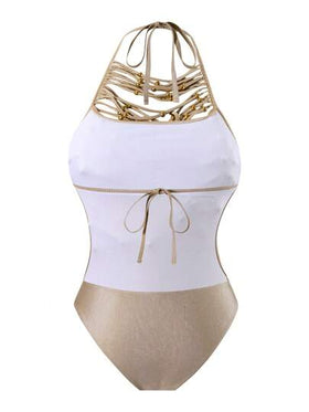 Swim Chiccia بدلة سباحة نسائية قطعة واحدة ذات رقبة مستديرة وحزام عنق، لون أحادي مع زخرفة من الخرز المعدني المجوف والشراريب، مناسبة لموسم الربيع والمهرجانات البوهيمية