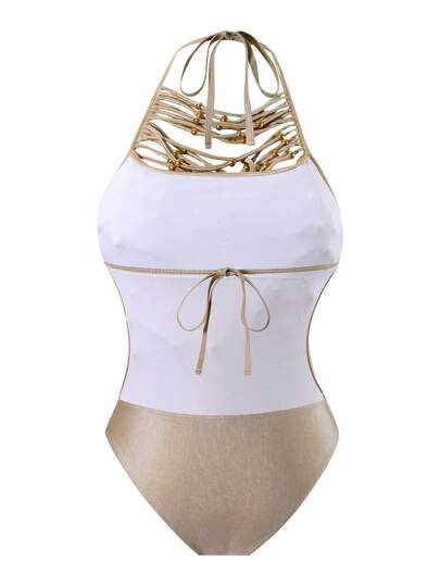 Swim Chiccia بدلة سباحة نسائية قطعة واحدة ذات رقبة مستديرة وحزام عنق، لون أحادي مع زخرفة من الخرز المعدني المجوف والشراريب، مناسبة لموسم الربيع والمهرجانات البوهيمية