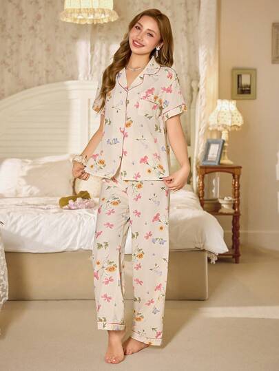 CottageSlumber طقم بيجامة قصير الأكمام مطبوع بالزهور للنساء في فصل الصيف والعطلات، تفاصيل أنيقة ومريحة بتصميم زهري فاخر