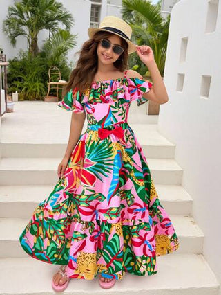 ملابس بناتي مجموعة بقطعتين للبنات في سن المراهقة مكونة من ملابس علوية كتفين مكشوفين برياش وتنورة ماكسي ذات طباعة استوائية، للارتداء في العطلات