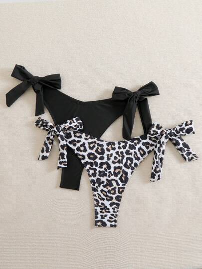 SHEIN Swim Curve مجموعة من 2 قطعة سوداء ولبوردي مقاس كبير من بيكيني سفلي بتصميم متموج وجانب مربوط ، بادي بحري صيفي