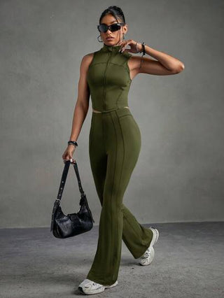 Streetz SHEIN Sport مجموعة رياضية للنساء - ملابس علوية بلا أكمام باللون الأحادي وبنطال طويل