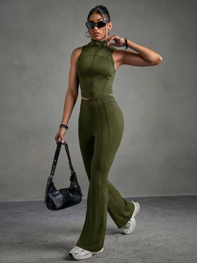 Streetz SHEIN Sport مجموعة رياضية للنساء - ملابس علوية بلا أكمام باللون الأحادي وبنطال طويل