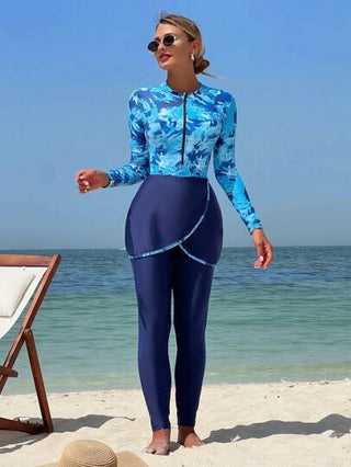 طقم تانكيني حريمي Swim Mulvari فستان تغطية متحفظ للسيدات بأكمام وأرجل طويلة بطبعة زرقاء داكنة للاستخدام المنفصل كتانكيني على الشاطئ أو المنتجع