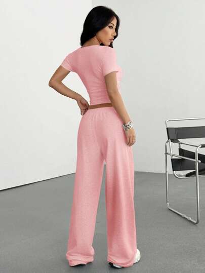 EZwear مجموعة من قطعتين من الملابس المنزلية المطرزة بالتطريز المضلع للنساء، للصيف