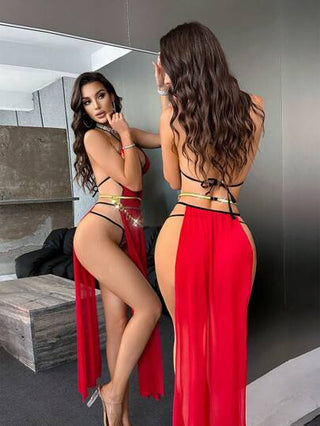 Fantasy Costume ثوب نسائي أنيق شبكي شفاف لامر مع بنطلون داخلي جي ستربنع سلسة خصر مجموعةملابس داخلية