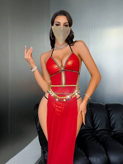 Fantasy Costume ثوب نسائي أنيق شبكي شفاف لامر مع بنطلون داخلي جي ستربنع سلسة خصر مجموعةملابس داخلية