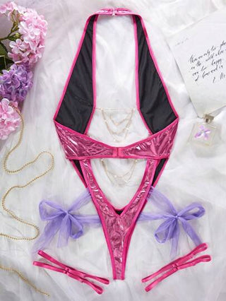 لانجيري حريمي MidnightGlam 3 قطعة/طقم جمبسوت مفتوحة بأسلوب كريس كروس مشدودة للنساء (باستثناء القفازات)