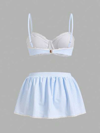 Swim Mod طقم تنورة مخططة باللون الأزرق والأبيض على طراز المدرسة شكل A مع كسرات وطقم بحر أنيق وجذاب