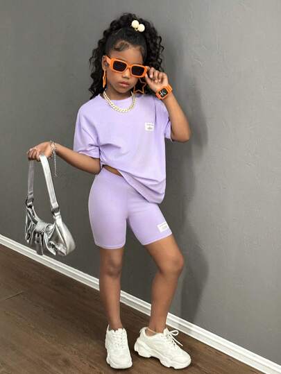 girls-sets طقم فضفاض قميص تي وسروال ضيق لفتيات المراهقات، ارتداء يومي وأنيق 2 قطعة/طقم