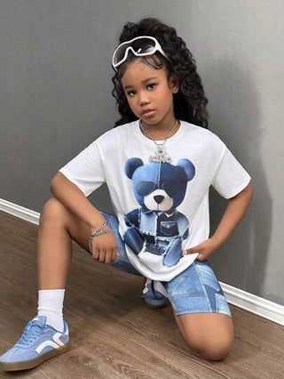 girls-sets طقم قميص بنقشة الدب الكاجوال المقاس الكبير وتنورة ضيقة للفتيات البنات المراهقات، مكون من 2 قطع