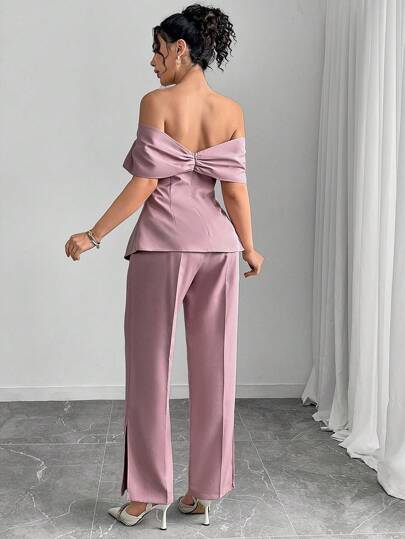 Modelyn العيد طقم ملابس علوية أنيقة بتصميم الكتف المنكشف وبنطلون طويل من قطعتين للسيدات