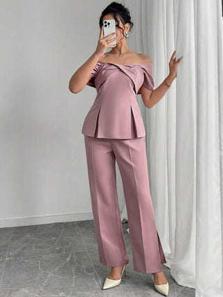 Modelyn العيد طقم ملابس علوية أنيقة بتصميم الكتف المنكشف وبنطلون طويل من قطعتين للسيدات