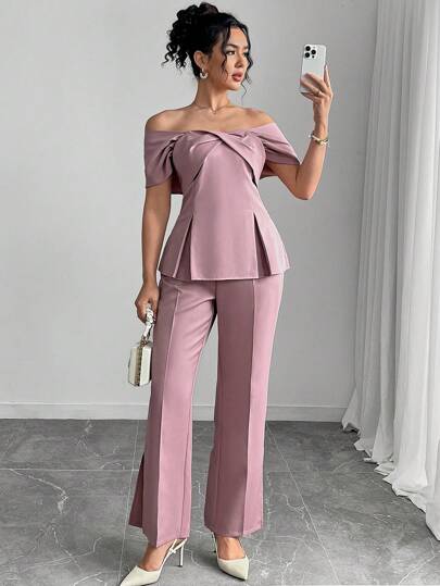 Modelyn العيد طقم ملابس علوية أنيقة بتصميم الكتف المنكشف وبنطلون طويل من قطعتين للسيدات