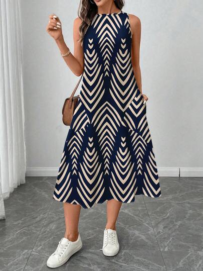SHEIN LUNE فستان نسائي كاجوال متوسط الطول مطبوع بنقوش هندسية مخططة، مناسب للربيع والصيف، فساتين صيفية للنساء، فساتين قميص للنساء مناسبة للخروج، فستان أنيق وكاجوال