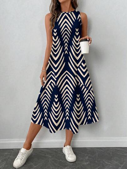 SHEIN LUNE فستان نسائي كاجوال متوسط الطول مطبوع بنقوش هندسية مخططة، مناسب للربيع والصيف، فساتين صيفية للنساء، فساتين قميص للنساء مناسبة للخروج، فستان أنيق وكاجوال