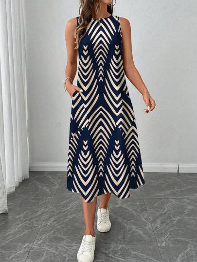 SHEIN LUNE فستان نسائي كاجوال متوسط الطول مطبوع بنقوش هندسية مخططة، مناسب للربيع والصيف، فساتين صيفية للنساء، فساتين قميص للنساء مناسبة للخروج، فستان أنيق وكاجوال