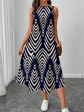 SHEIN LUNE فستان نسائي كاجوال متوسط الطول مطبوع بنقوش هندسية مخططة، مناسب للربيع والصيف، فساتين صيفية للنساء، فساتين قميص للنساء مناسبة للخروج، فستان أنيق وكاجوال