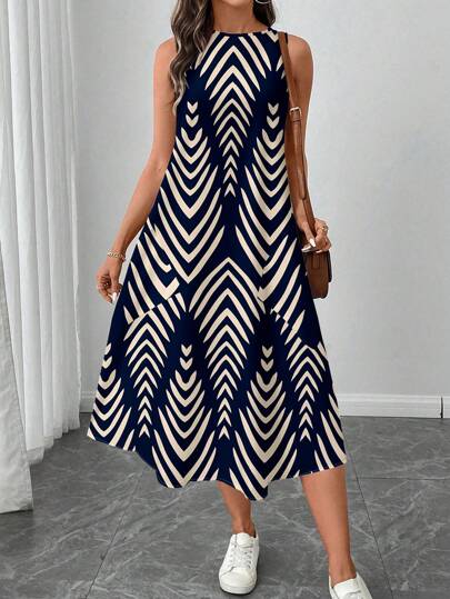 SHEIN LUNE فستان نسائي كاجوال متوسط الطول مطبوع بنقوش هندسية مخططة، مناسب للربيع والصيف، فساتين صيفية للنساء، فساتين قميص للنساء مناسبة للخروج، فستان أنيق وكاجوال