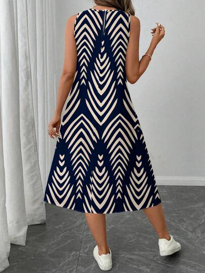 SHEIN LUNE فستان نسائي كاجوال متوسط الطول مطبوع بنقوش هندسية مخططة، مناسب للربيع والصيف، فساتين صيفية للنساء، فساتين قميص للنساء مناسبة للخروج، فستان أنيق وكاجوال