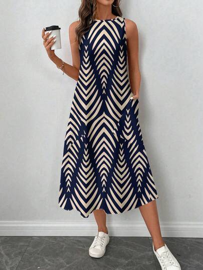 SHEIN LUNE فستان نسائي كاجوال متوسط الطول مطبوع بنقوش هندسية مخططة، مناسب للربيع والصيف، فساتين صيفية للنساء، فساتين قميص للنساء مناسبة للخروج، فستان أنيق وكاجوال