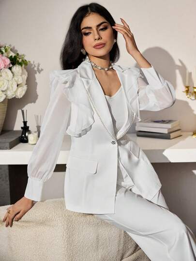 Modelyn بليزر نسائي لون أساسي مع قطع شبكية ونقشات لؤلؤية وأكمام طويلة