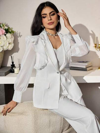 Modelyn بليزر نسائي لون أساسي مع قطع شبكية ونقشات لؤلؤية وأكمام طويلة