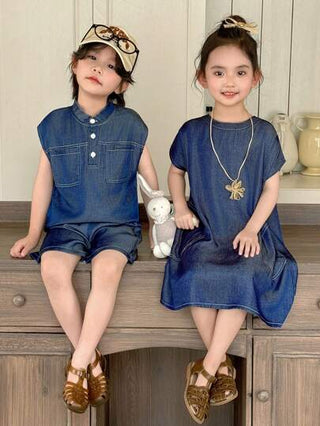 Genkimix Kids مجموعة صيفية بقميص ذو ياقة واقفة وأكمام على شكل خفاش مفتوح الجزء السفلي بلون الجينز، وشورت مستقيم كاجوال لأطفال الرضع والصبية، طقم أزياء أخوي عصري