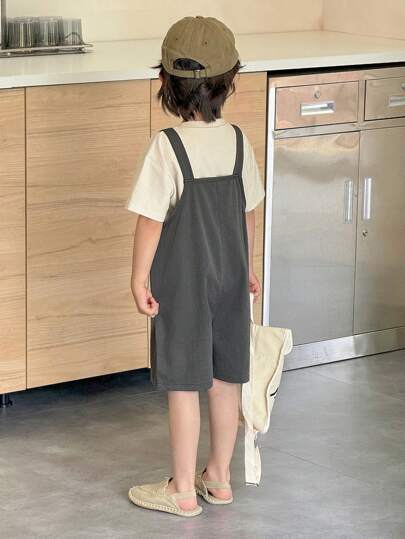 Genkimix Kids طقم قميص وبنطلون فضفاض للأولاد الصغار، قميص بياقة دائرية قصير الأكمام فضفاض، متعدد الاستخدامات للصيف، مع بنطلون إزار فضفاض، طقم أخوي جميل للربيع والخريف