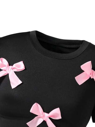 ملابس بناتي Streecool Kids مجموعة قميص تريكو أكمام قصيرة مزين بعقدة ثلاثية الأبعاد وبنطلون تريكو ضيق بتنورة منسدلة 2 قطعة، متناسقة وعملية للبنات