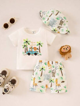 SHEIN Playful Pals كنزة برمز مطبوعة ذات أكمام قصيرة وشورت مجموعة، للأطفال الرضع والصغار، للربيع والصيف 2 قطعة