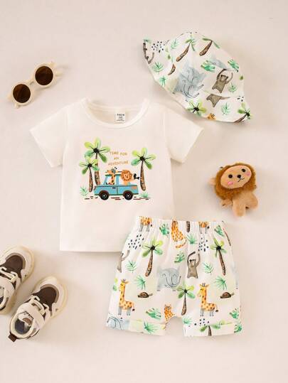 SHEIN Playful Pals كنزة برمز مطبوعة ذات أكمام قصيرة وشورت مجموعة، للأطفال الرضع والصغار، للربيع والصيف 2 قطعة