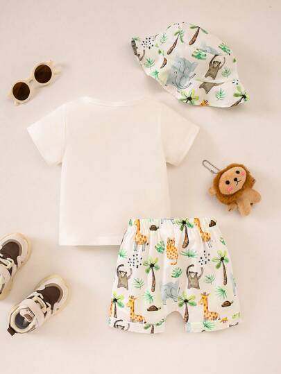 SHEIN Playful Pals كنزة برمز مطبوعة ذات أكمام قصيرة وشورت مجموعة، للأطفال الرضع والصغار، للربيع والصيف 2 قطعة