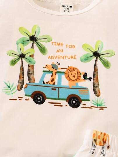 SHEIN Playful Pals كنزة برمز مطبوعة ذات أكمام قصيرة وشورت مجموعة، للأطفال الرضع والصغار، للربيع والصيف 2 قطعة