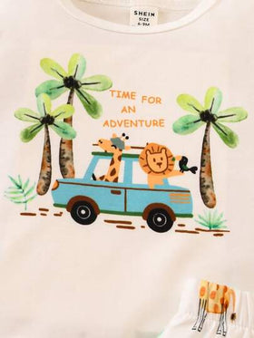 SHEIN Playful Pals كنزة برمز مطبوعة ذات أكمام قصيرة وشورت مجموعة، للأطفال الرضع والصغار، للربيع والصيف 2 قطعة
