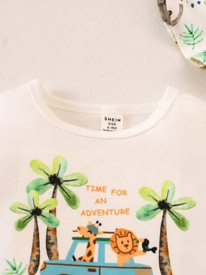 SHEIN Playful Pals كنزة برمز مطبوعة ذات أكمام قصيرة وشورت مجموعة، للأطفال الرضع والصغار، للربيع والصيف 2 قطعة