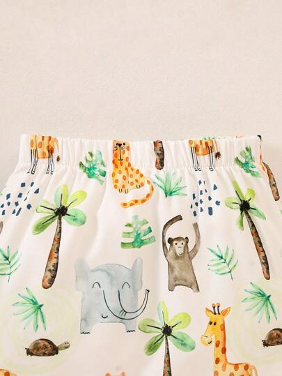 SHEIN Playful Pals كنزة برمز مطبوعة ذات أكمام قصيرة وشورت مجموعة، للأطفال الرضع والصغار، للربيع والصيف 2 قطعة