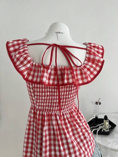 Elamini بلوزة كاجوال نسائية ذات طية رقبة مكسرة بطبعة الكاروهات