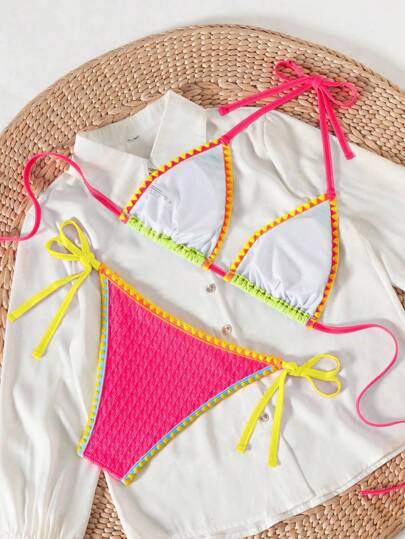 Swim SXY مجموعة بكيني للنساء لفصل الربيع والصيف، توب مع أربطة متقاطعة ملونة، وسروال مربوط من الجانبين، بيكيني بقطعتين جذاب، أزياء البوهيمي للمهرجانات